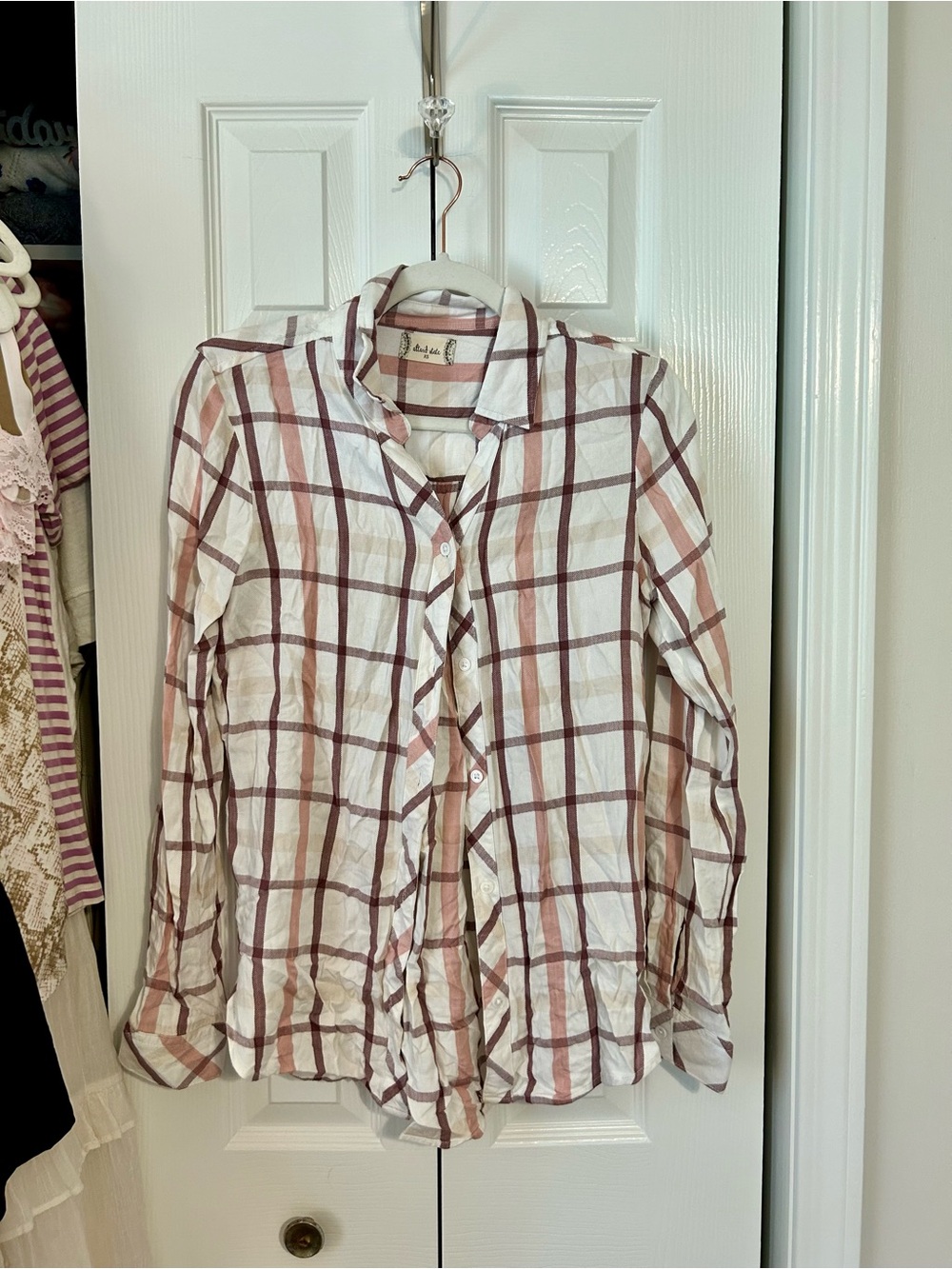 Altar'd State White & Dusty Rose Plaid Button-Down Shirt